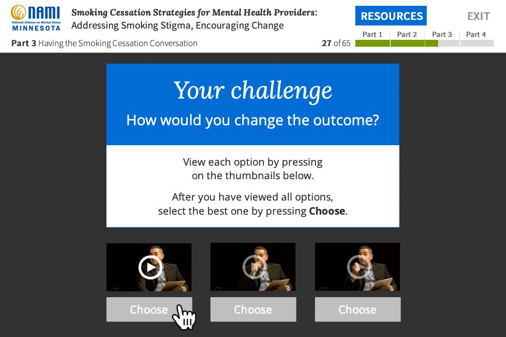 A screen shot of a course showing a video option being selected in a multiple choice question.